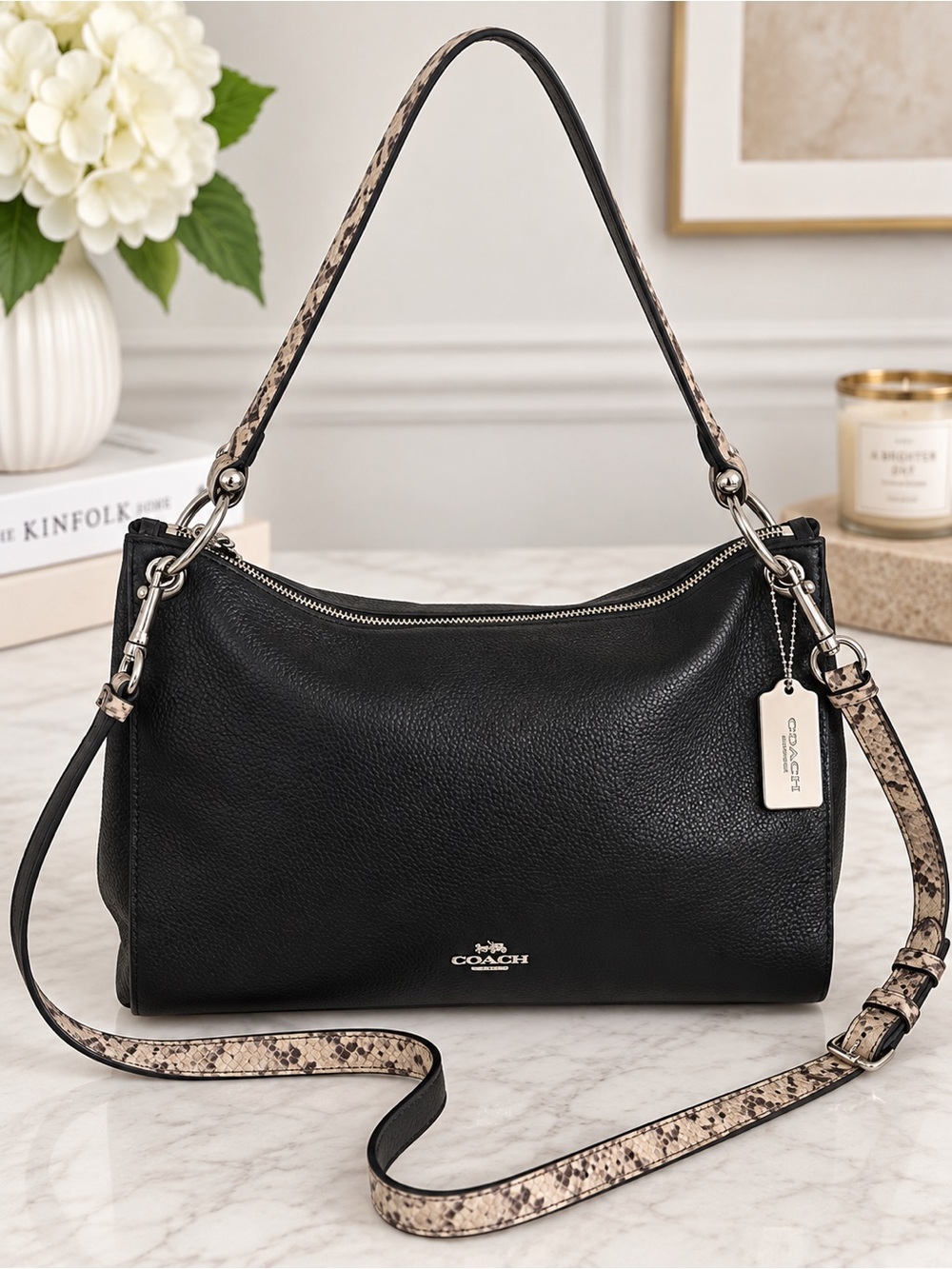 Coach Mia F28987 Black Pebble Leather Snake Print Shoulder Crossbody Bag